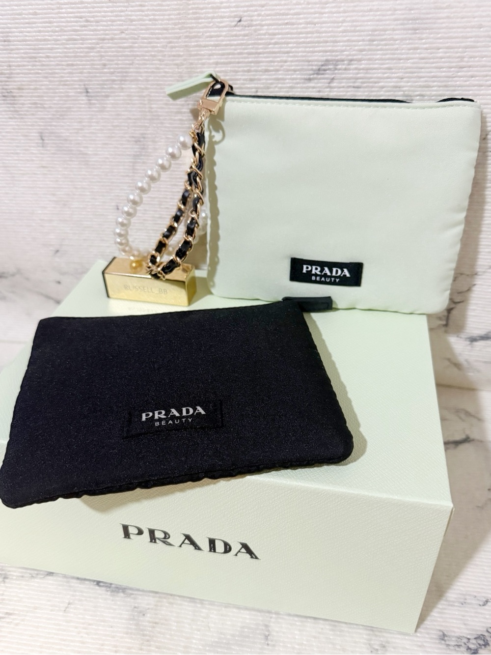 Prada Beauty Double Pouch Green & Black Zip (Detachable) w/ Wristlet Strap & Box